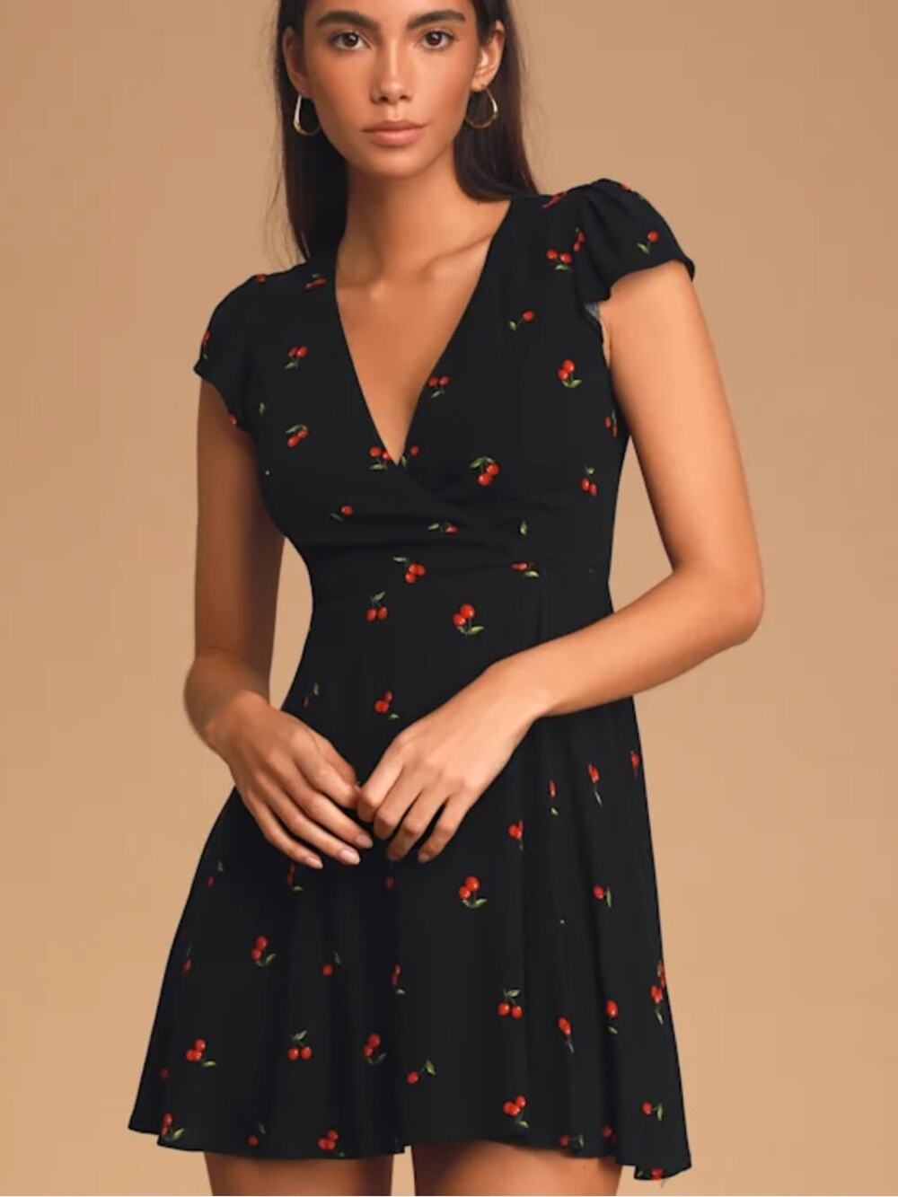 Lulu's woman’s Black Fit-and-Flare Mini Dress with Red Cherry Embroidery Size M